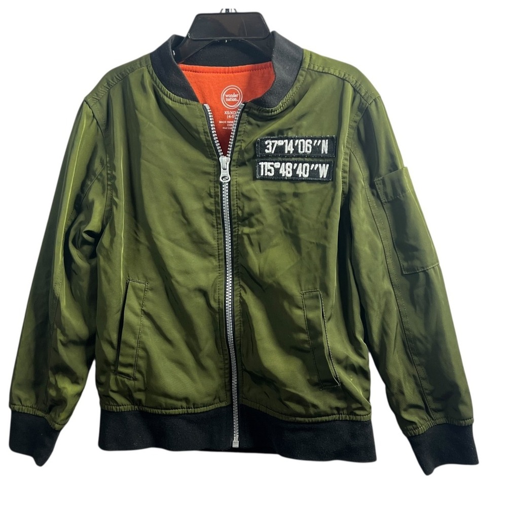 Wonder Nation Childrens Bomber Aviator Jacket Green XS (4-5) Full Zip‎ Pockets